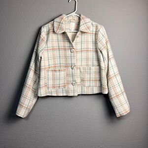 LC Lauren Conrad Womens Large Plaid Tweed Cropped Jacket Cream Teal Orange L